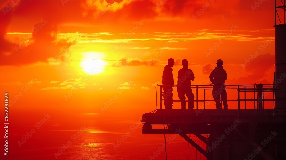 Obraz premium Workers standing on high-rise platform silhouetted against fiery sunset horizon