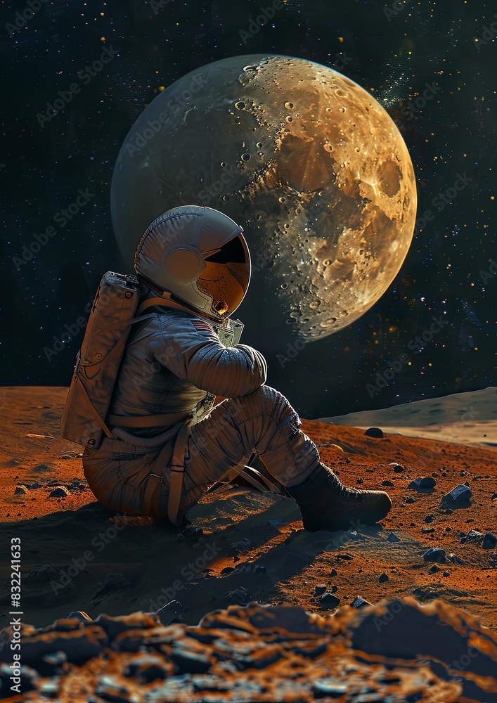 Obraz premium Astronaut sits on ground, gazes at the moon in serene silence