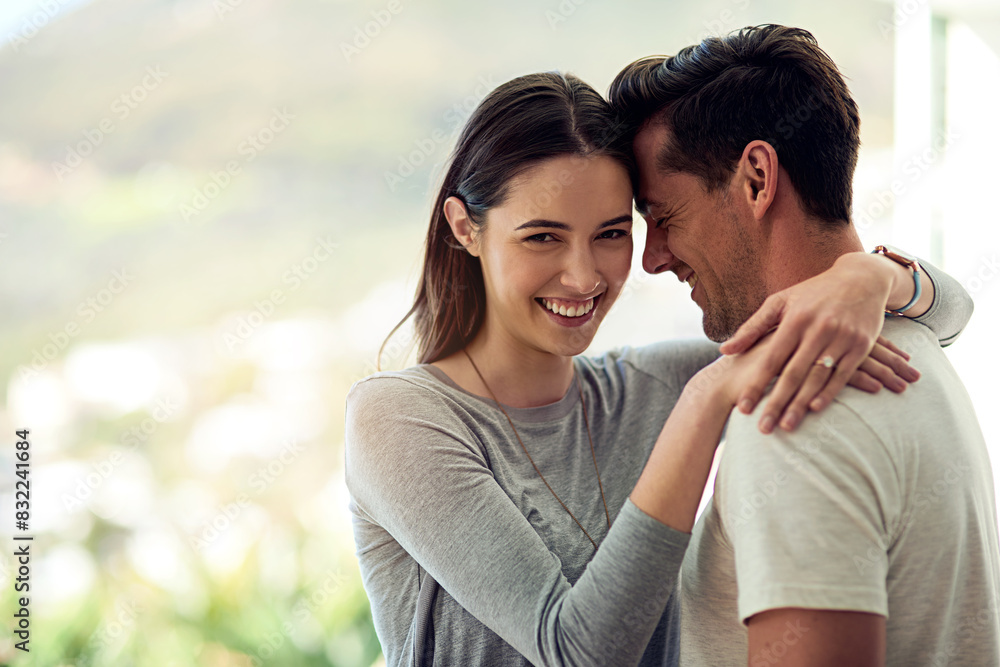 Naklejka premium Woman, portrait and love in home for marriage, date and together for relationship in apartment. Romance, support and partnership on holiday with man, peace and connection or hug in countryside