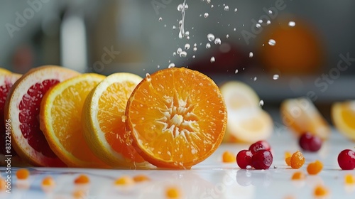 Freshly sliced oranges and other colorful fruits arranged artfully on a clean surface  with a halved orange being squeezed  releasing juice droplets.
