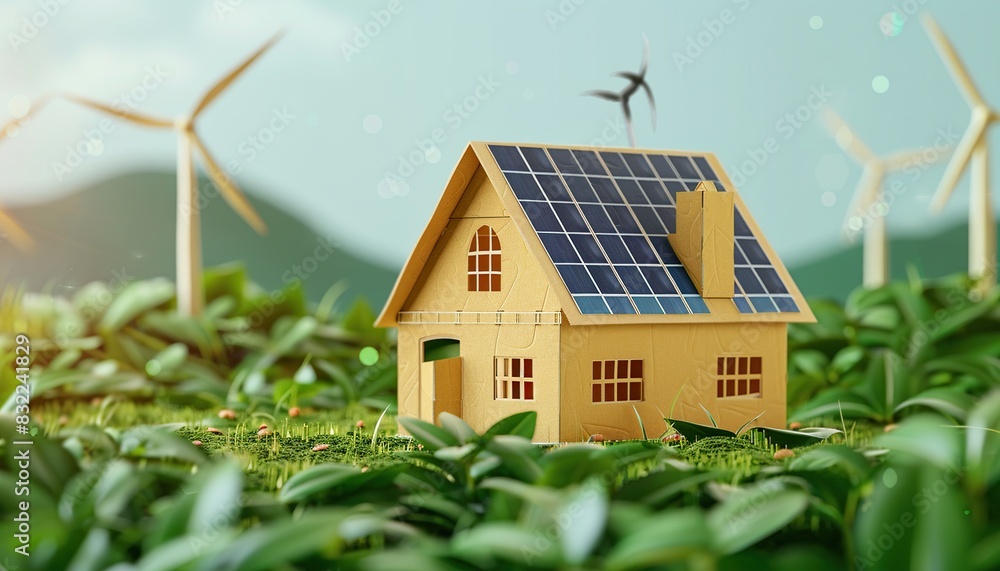 Recycled brown paper model house collage style solar panels wind turbines blue sky green grass background copy space Recycled brown paper model house collage style solar panels wind turbines blue sky green grass background copy space