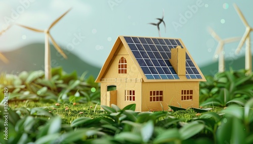 Recycled brown paper model house collage style solar panels wind turbines blue sky green grass background copy space © Mladen