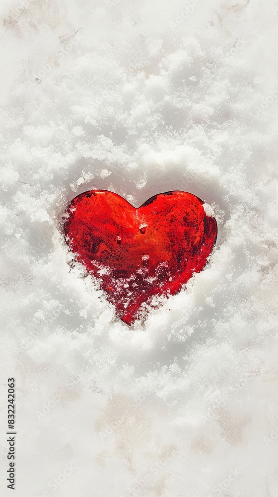 A vibrant red heart stands out in the serene white snow A vibrant red heart stands out in the serene white snow