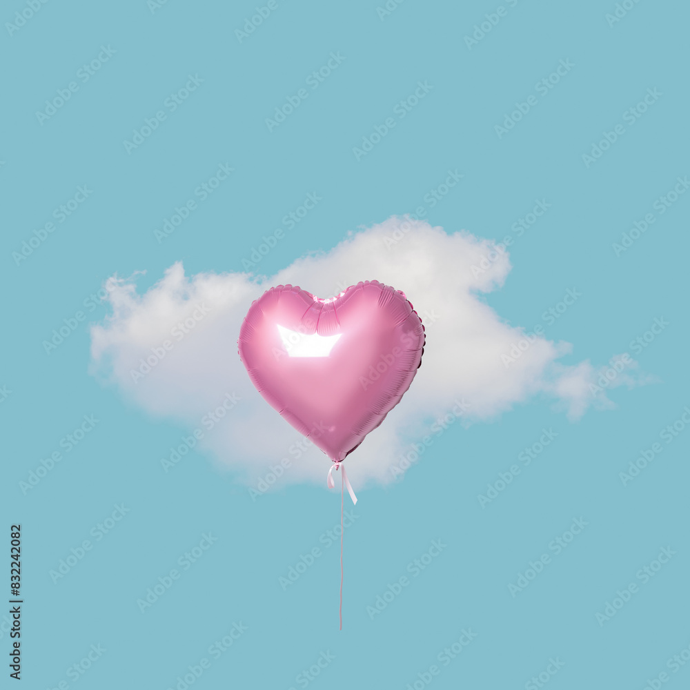 Pink heart balloon with white cloud on blue sky. Minimal love concept.