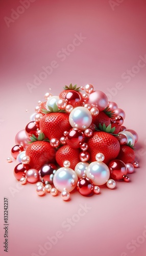Strawberry Pearl Paradise, glossy red strawberries and shimmering pearls on a soft pink background. The image creates a dreamy and luxurious feel, perfect for adding a touch of beauty and vibrancy 