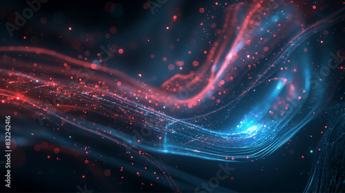 Vibrant abstract image with red and blue particles simulating a wave-like movement on a dark background