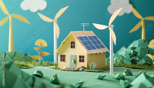 Recycled brown paper model house collage style solar panels wind turbines blue sky green grass background copy space