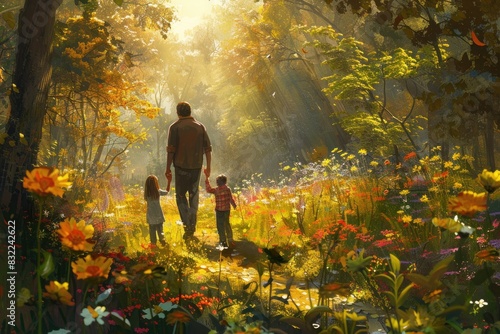 The photo shows a father walking in the woods with his two children photo