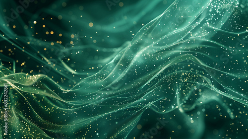 An image of a flowing fabric texture with sparkling lights, conveying luxury and fluid motion in a green tone © ArtistiKa