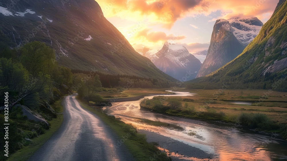 Scenic Mountain Valley with River at Evening in Beautiful Norwegian Nature Scenic Mountain Valley with River at Evening in Beautiful Norwegian Nature