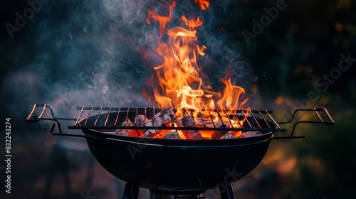 Fiery flames engulf the black barbecue grill as it radiates intense heat, illuminating the dark background with an orange glow, capturing the essence of outdoor cooking. photo