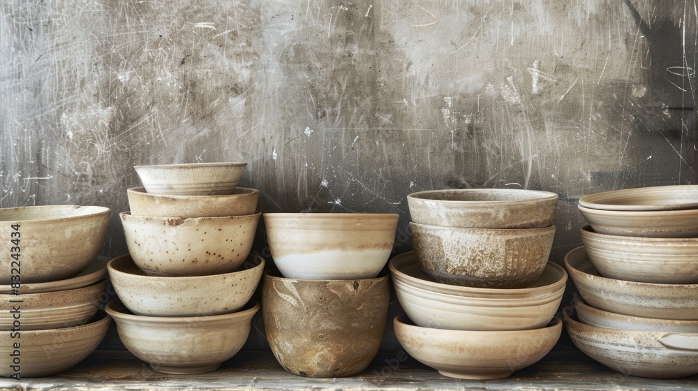 A rustic still life featuring a neatly stacked arrangement of earthy beige ceramic bowls with varying sizes and subtle worn textures. A rustic still life featuring a neatly stacked arrangement of earthy beige ceramic bowls with varying sizes and subtle worn textures.
