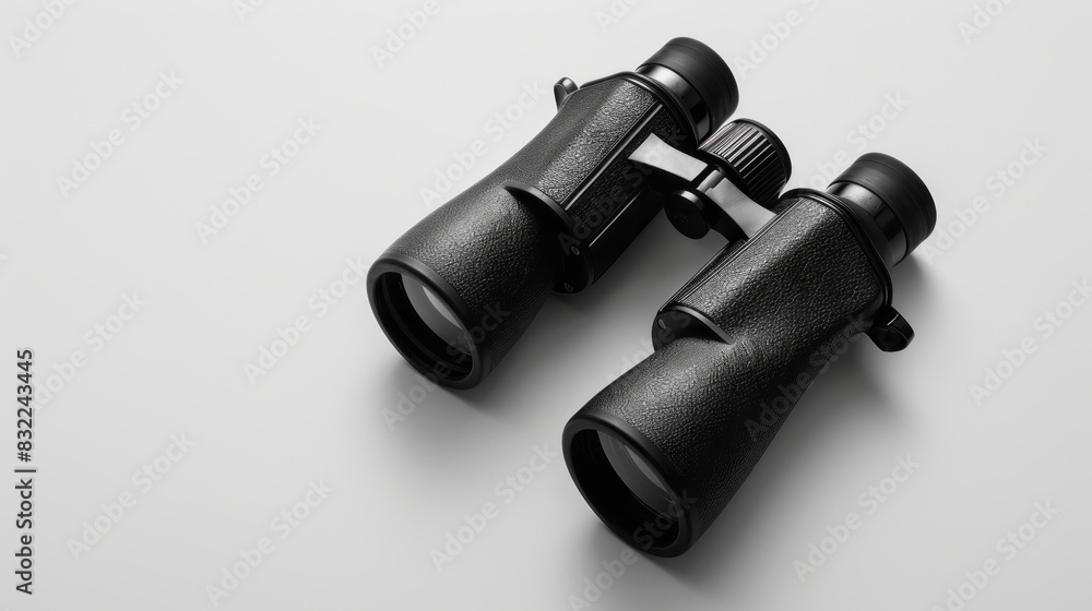 Isolated pair of modern sleek black binoculars with adjustable eyepieces and chunky grip on a pure white background with subtle shadows. Isolated pair of modern sleek black binoculars with adjustable eyepieces and chunky grip on a pure white background with subtle shadows.