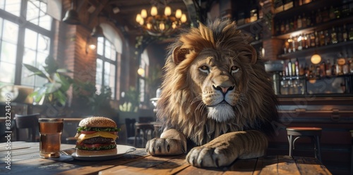 A ferocious lion eyes a tasty hamburger in a bar, ready to pounce and devour it. photo