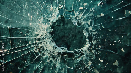 Shattered glass window with jagged edges and a significant hole, surrounded by shards and debris, conveying a sense of destruction and chaos. photo