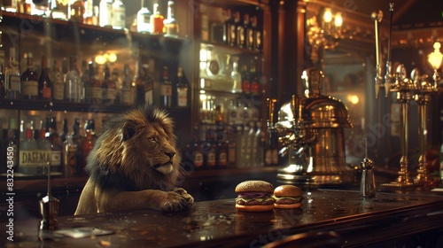 Become a Ferocious Lion as it eyes a delicious burger in a bar, ready to pounce and devour it. photo
