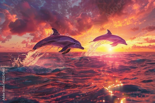 Two dolphins jumping out of the water at sunset.