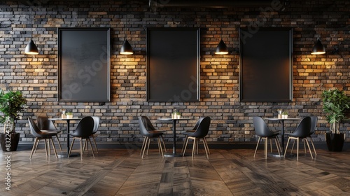 An empty black menu frame on a brick wall with a lamp in a loft cafe interior is shown in this mockup.