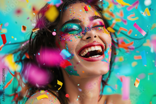 cheerful woman with flying colorful confetti