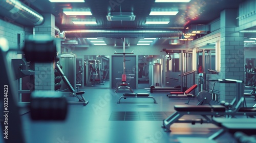 A highly detailed image of a modern gym interior with high-tech equipment