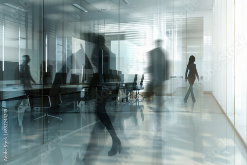 blurry motion people walking in an office area