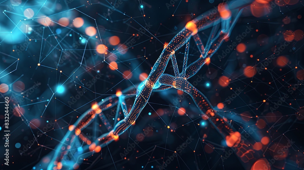 Glowing DNA Strands on Technological Background Glowing DNA Strands on Technological Background