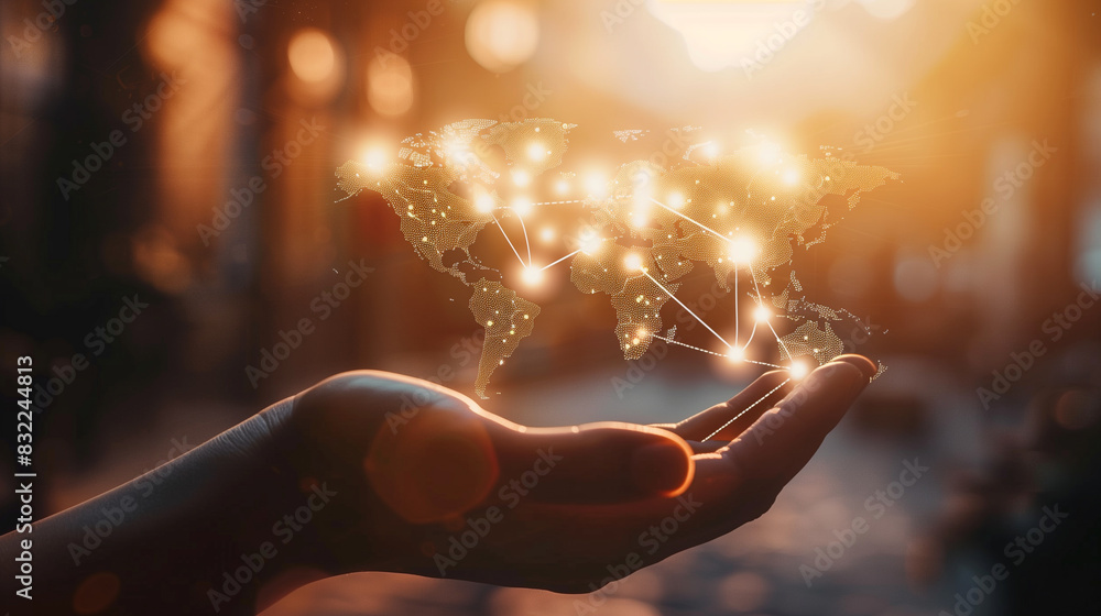 Hand holding a glowing digital world map with network connections Stock ...