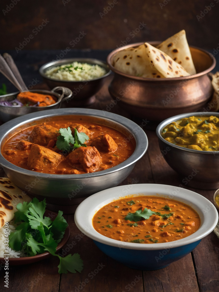 Variety of Indian cuisine on rustic surface, Chicken Tikka Masala, Palak Paneer, Saffron Rice, Lentil Soup, Pita Bread, and spices.