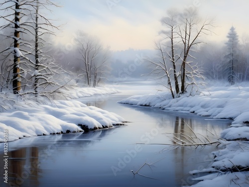 Winter Lake River Landscape Nature Oil Painting Art