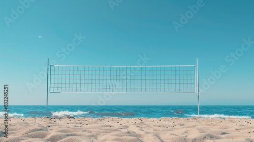vibrant blue sky above, serene ocean waves in the background, a beach volleyball net stands alone, surrounded by pristine sandy shores, awaiting a summer game.