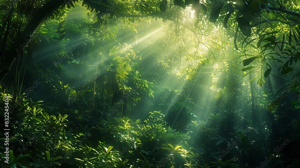 Panoramic Landscape with Sunlight Rays Through Vibrant Green Foliage in Forest Clearing Panoramic Landscape with Sunlight Rays Through Vibrant Green Foliage in Forest Clearing