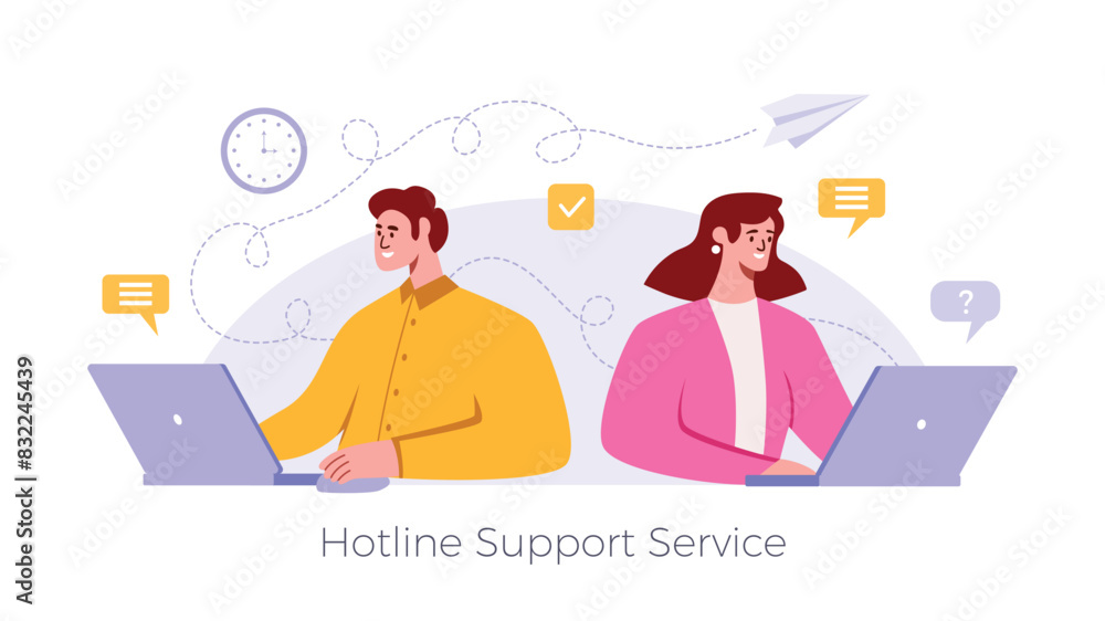 Online support hotline, smiling man and woman at laptop. Vector illustration, flat style, landing page for a website, banner, poster design Online support hotline, smiling man and woman at laptop. Vector illustration, flat style, landing page for a website, banner, poster design