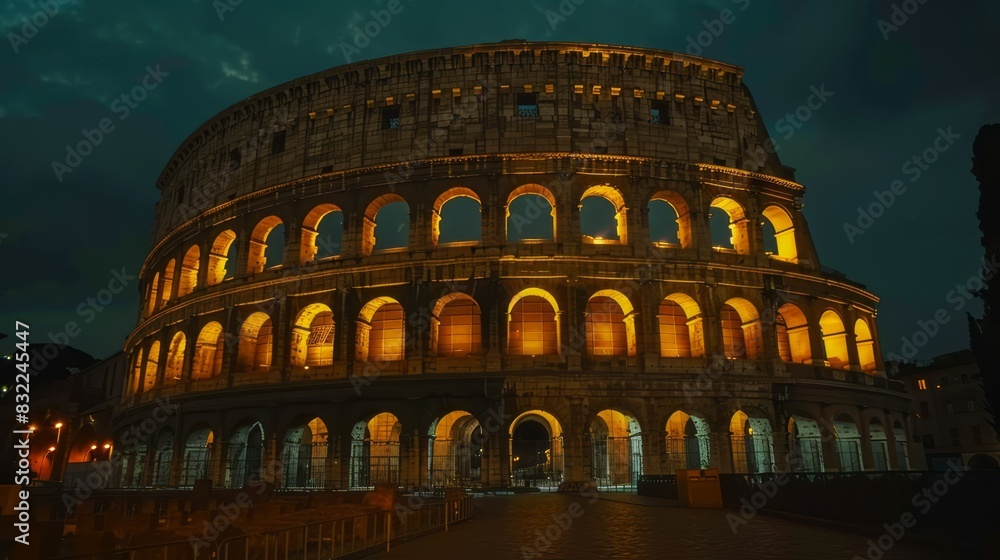 Naklejka premium dramatic night view of the ancient colosseum illuminated in soft golden light, with majestic arches and ancient architecture, in the heart of rome, italy.
