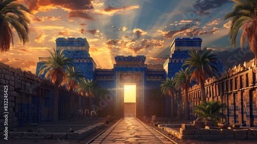 Ancient city of babylon ruins with ishtar gate's vibrant blue-glazed bricks, ziggurats, and crumbling stone walls amidst mesopotamian desert landscape sunset. photo