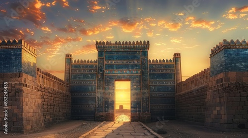 Ancient city of babylon ruins with ishtar gate's vibrant blue-glazed bricks, ziggurats, and crumbling stone walls amidst mesopotamian desert landscape sunset. photo