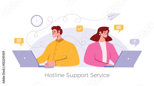 Online support hotline, smiling man and woman at laptop. Vector illustration, flat style, landing page for a website, banner, poster design