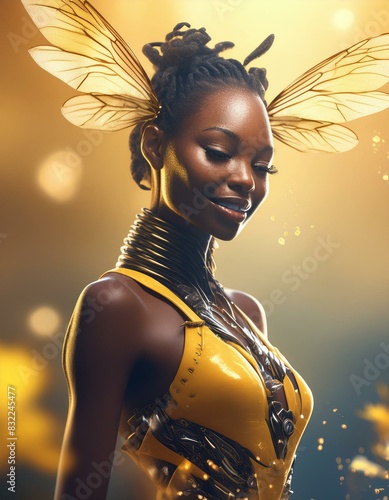 a woman with a flower in her hair and the words bee on her chest