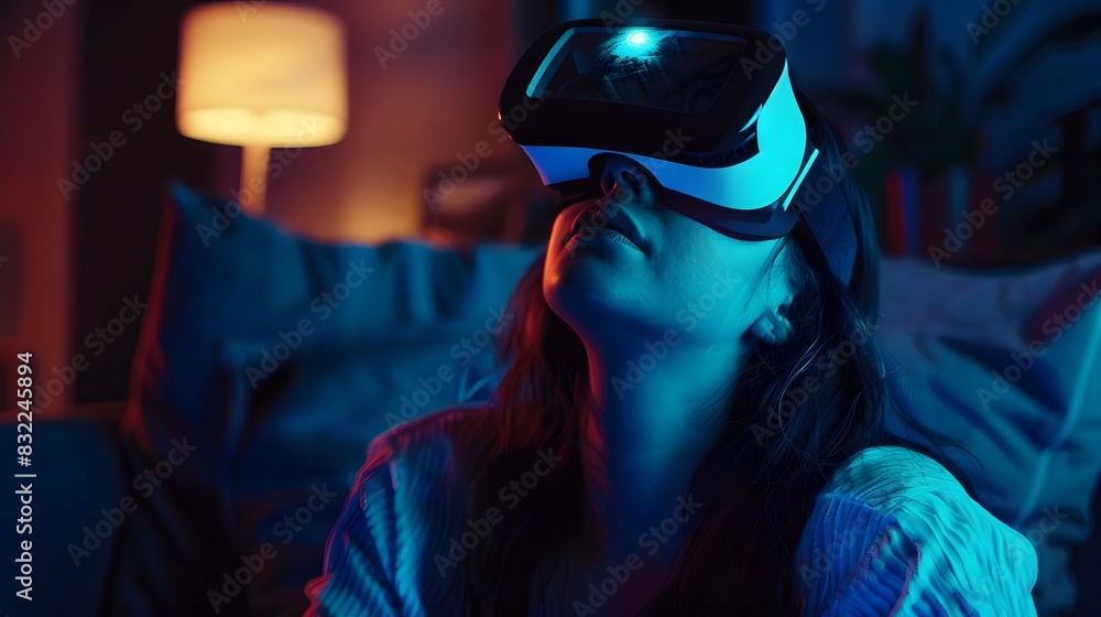 Blonde woman gesturing while wearing VR goggles in an urban night space with neon lights Blonde woman gesturing while wearing VR goggles in an urban night space with neon lights