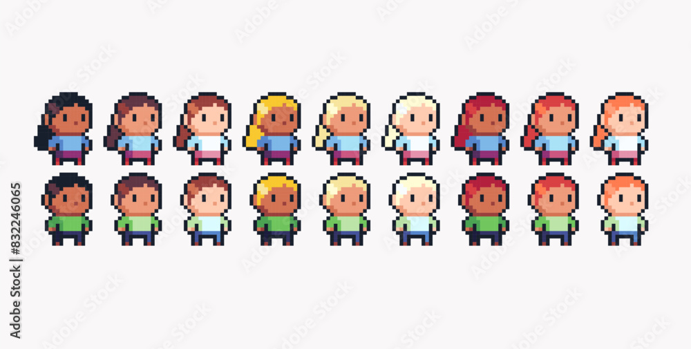 Chibi cute human figure pixel art set. Adorable kawaii character, male and female with different skin and hair colors collection. Game development, mobile app. Isolated vector illustration. Chibi cute human figure pixel art set. Adorable kawaii character, male and female with different skin and hair colors collection. Game development, mobile app. Isolated vector illustration.