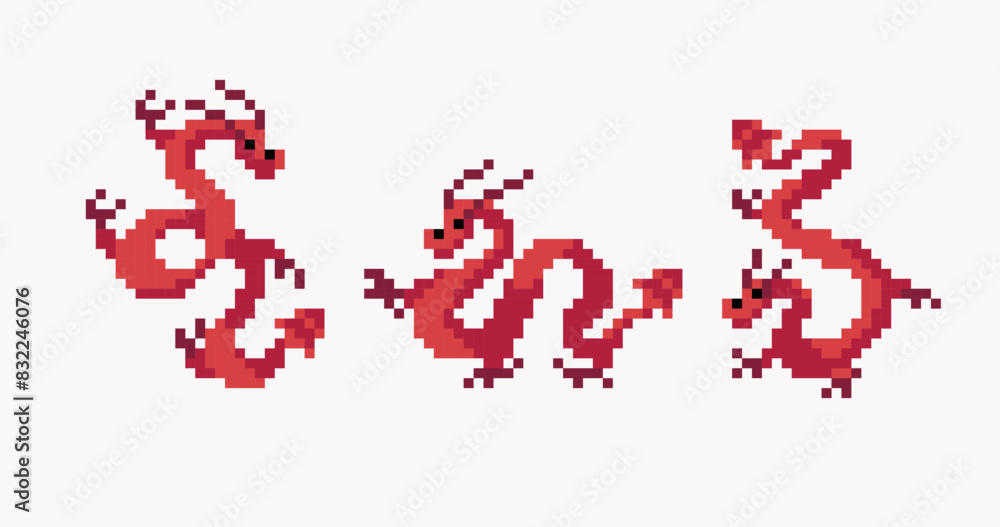 Red Chinese dragon pixel art set. Asian ethnic creature in different poses collection. 8 bit. Game development, mobile app. Isolated vector illustration. 