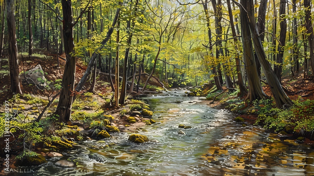 Serene River Flowing Through Lush Green Spring Forest – Nature Landscape Serene River Flowing Through Lush Green Spring Forest – Nature Landscape