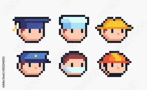 Different professions chibi human figures pixel art set. Adorable kawaii doctor, police, firefighter, farmer and cook collection. Game development, mobile app. Isolated vector illustration.