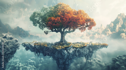 Beautiful surreal landscape featuring a solitary tree atop a floating island, surrounded by misty mountains in a fantastical setting. photo