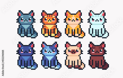Different colors cats pixel art icon set. Kitty breeds logo collection. 8-bit sprite. Game development, mobile app. Isolated vector illustration.