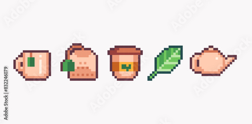 Tea in mug and kettle pixel art set. Tea leaves and tea bag collection. 8 bit. Game development, mobile app. Isolated vector illustration. 