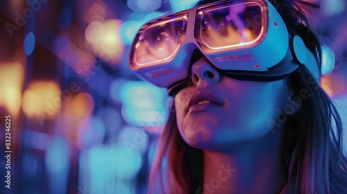 Blonde woman gesturing while wearing VR goggles in an urban night space with neon lights