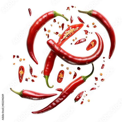 Flying chili peppers on white background