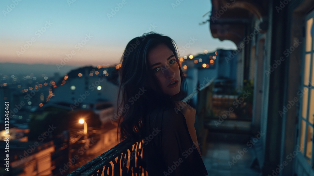 young beautiful woman standing in balcony at evening young beautiful woman standing in balcony at evening