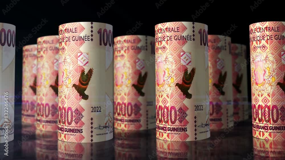 Guinea money Guinean francs rolls loop 3d. Camera moving in front of GNF 10000 rolling banknotes. Seamless loopable concept of economy, finance, business and debt. Guinea money Guinean francs rolls loop 3d. Camera moving in front of GNF 10000 rolling banknotes. Seamless loopable concept of economy, finance, business and debt.