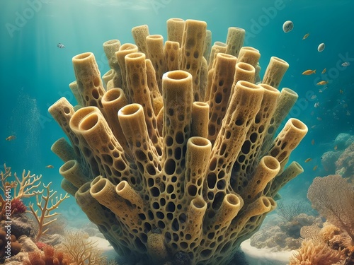 bright image of a yellow sponge animal colony around sand and coral reefs in the sea bottom